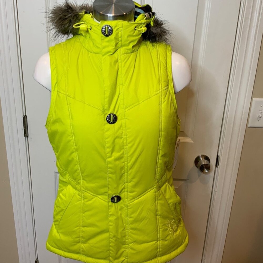 Burton Neon Green Hooded Zip-Up Dry Ride Vest W/ Faux Fur Trim, Size S